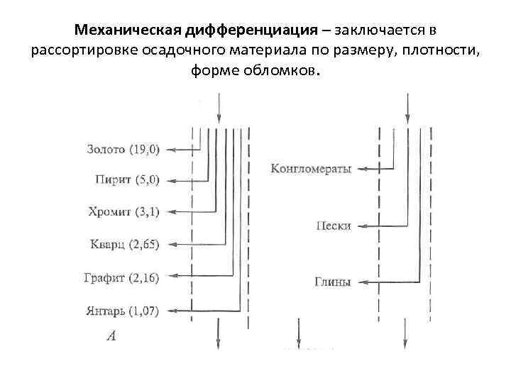  Механическая дифференциация – заключается в рассортировке осадочного материала по размеру, плотности,  