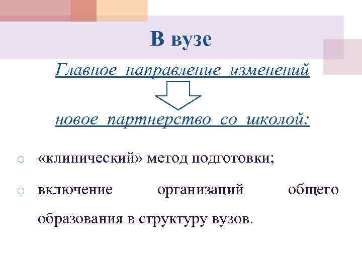    В вузе Главное направление изменений новое партнерство со школой:  o