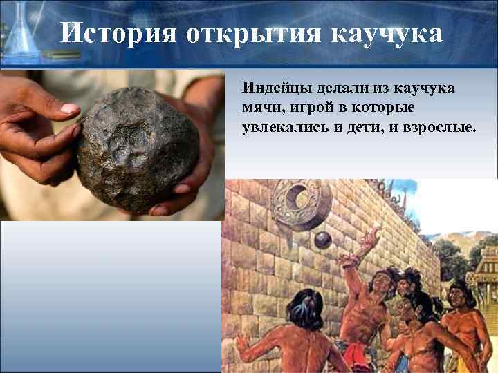 История открытия каучука  Индейцы делали из каучука  мячи, игрой в которые 