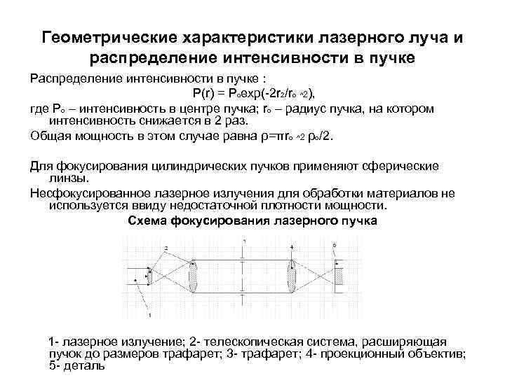  Геометрические характеристики лазерного луча и  распределение интенсивности в пучке Распределение интенсивности в