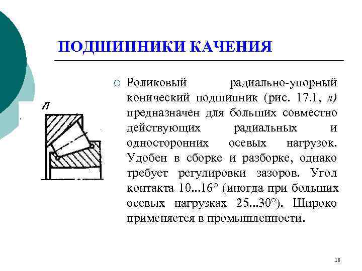ПОДШИПНИКИ КАЧЕНИЯ ¡  Роликовый   радиально-упорный   конический подшипник (рис. 17.