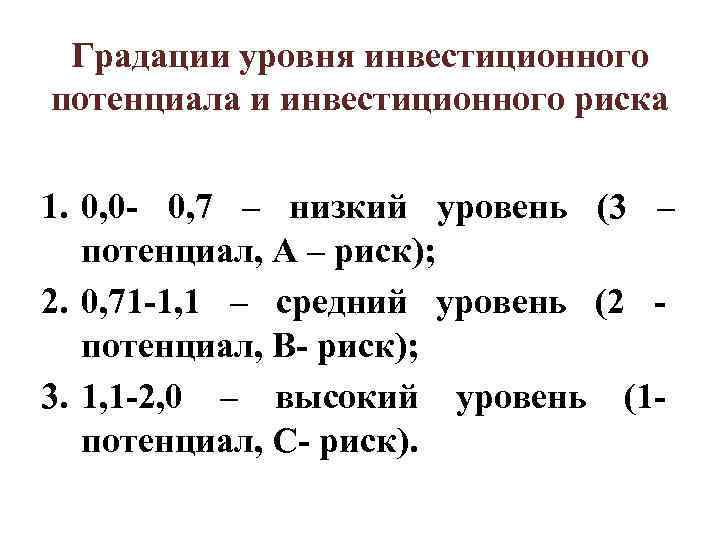 Градации уровня инвестиционного потенциала и инвестиционного риска 1. 0, 0 - 0, Градации уровня инвестиционного потенциала и инвестиционного риска 1. 0, 0 - 0,