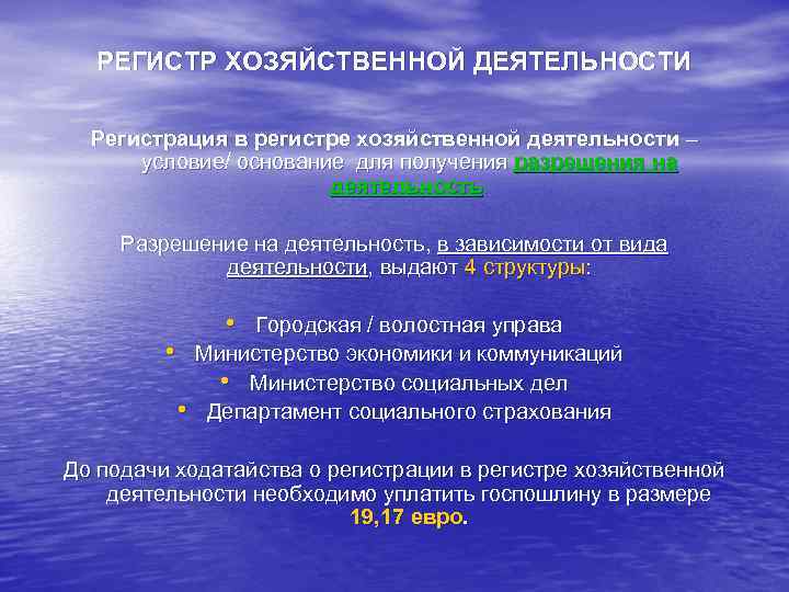  РЕГИСТР ХОЗЯЙСТВЕННОЙ ДЕЯТЕЛЬНОСТИ  Регистрация в регистре хозяйственной деятельности –  условие/ основание