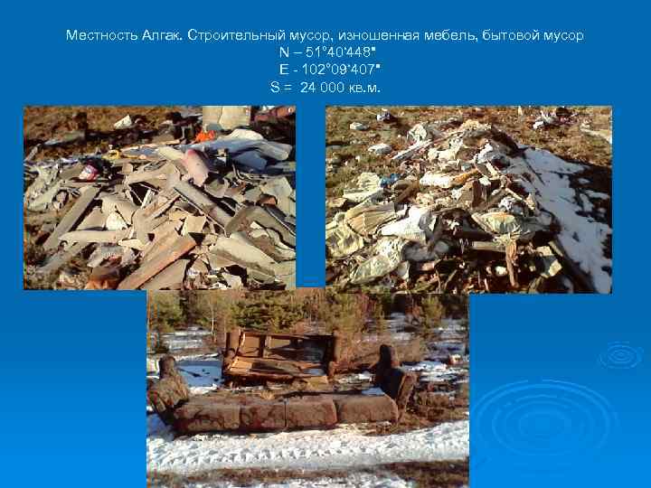 Местность Алгак. Строительный мусор, изношенная мебель, бытовой мусор N – Местность Алгак. Строительный мусор, изношенная мебель, бытовой мусор N –