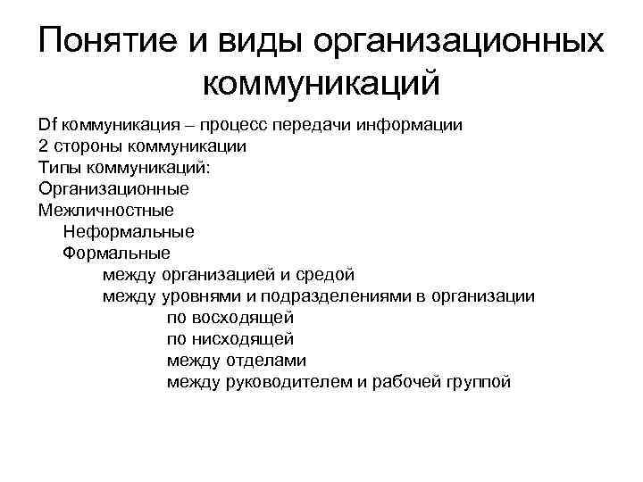 Понятие и виды организационных   коммуникаций Df коммуникация – процесс передачи информации 2