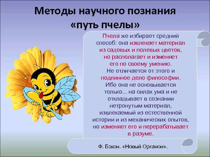 Методы научного познания  «путь пчелы»   Пчела же избирает средний  способ: