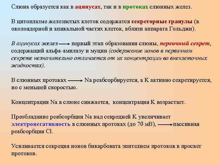 Слюна образуется как в ацинусах, так и в протоках слюнных желез.  В цитоплазме