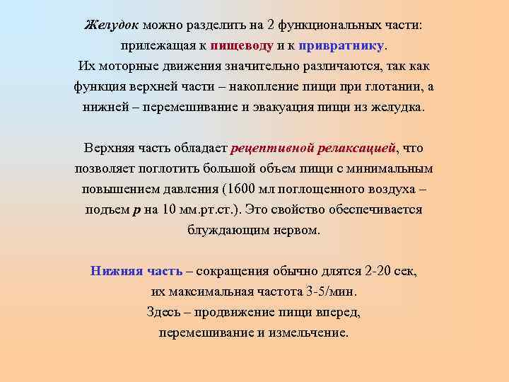  Желудок можно разделить на 2 функциональных части:   прилежащая к пищеводу и