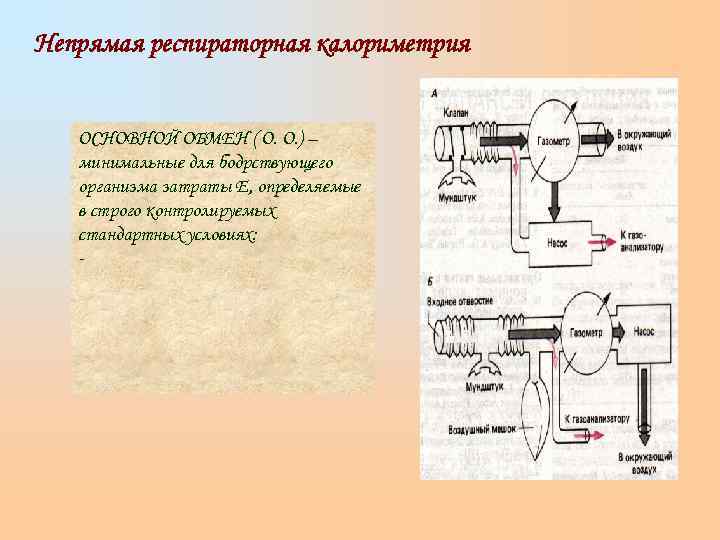 Непрямая респираторная калориметрия ОСНОВНОЙ ОБМЕН ( О. О. ) –  минимальные для бодрствующего