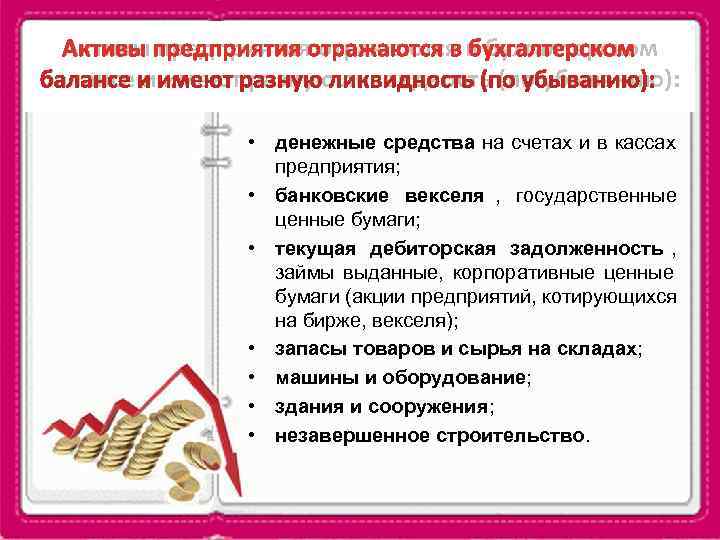 Активы предприятия отражаются в бухгалтерском балансе и имеют разную ликвидность (по убыванию): 