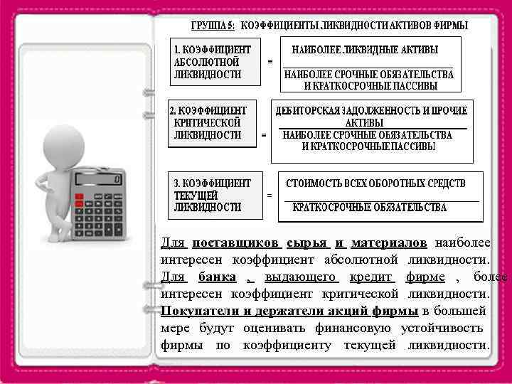 Для поставщиков сырья и материалов наиболее интересен коэффициент абсолютной ликвидности. Для банка , 