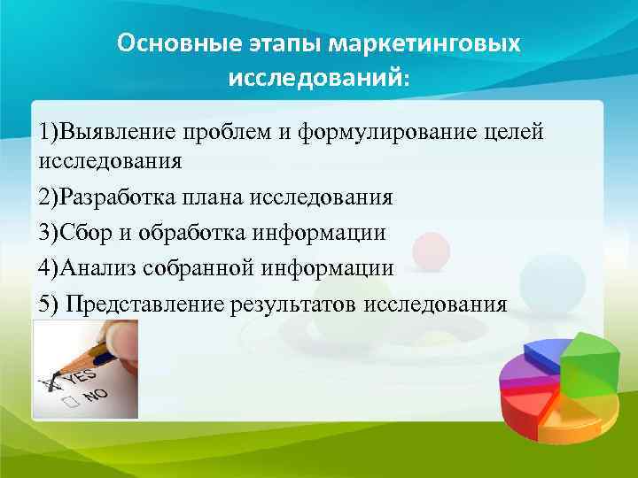  Основные этапы маркетинговых   исследований: 1)Выявление проблем и формулирование целей исследования 2)Разработка