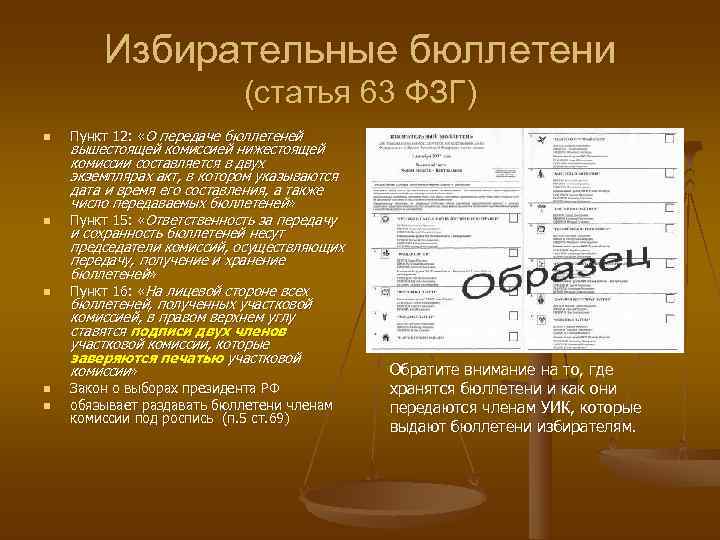   Избирательные бюллетени     (статья 63 ФЗГ) n  Пункт