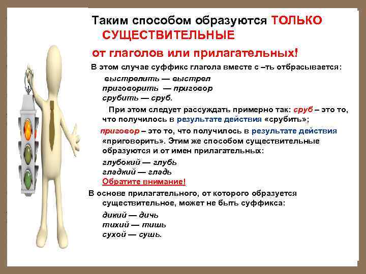  Таким способом образуются ТОЛЬКО  СУЩЕСТВИТЕЛЬНЫЕ от глаголов или прилагательных! В этом случае