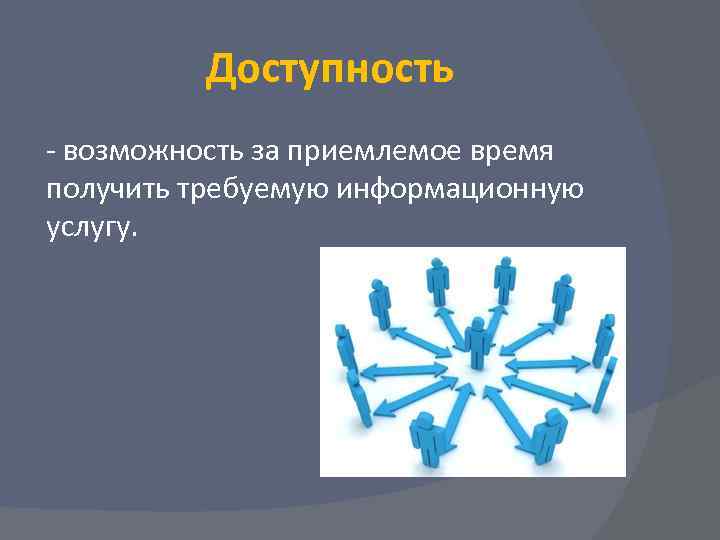    Доступность - возможность за приемлемое время получить требуемую информационную услугу. 