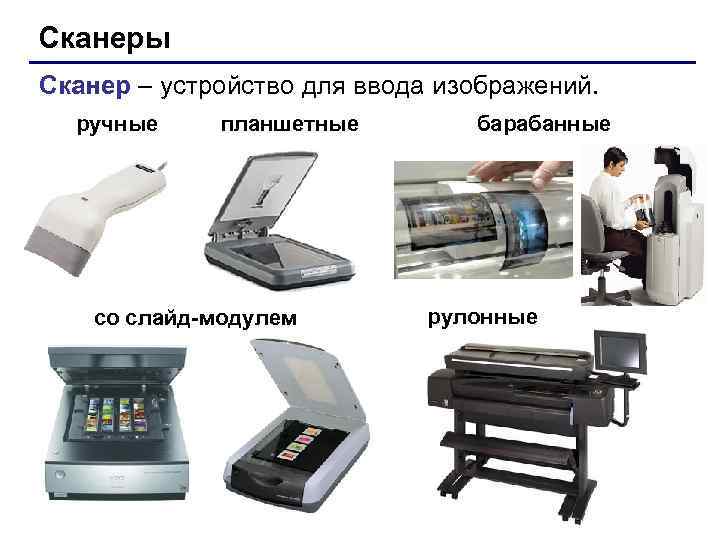 Сканеры Сканер – устройство для ввода изображений. ручные планшетные барабанные Сканеры Сканер – устройство для ввода изображений. ручные планшетные барабанные