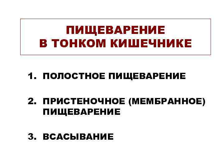 ПИЩЕВАРЕНИЕ В ТОНКОМ КИШЕЧНИКЕ 1. ПОЛОСТНОЕ ПИЩЕВАРЕНИЕ 2. ПРИСТЕНОЧНОЕ (МЕМБРАННОЕ)  ПИЩЕВАРЕНИЕ 3.