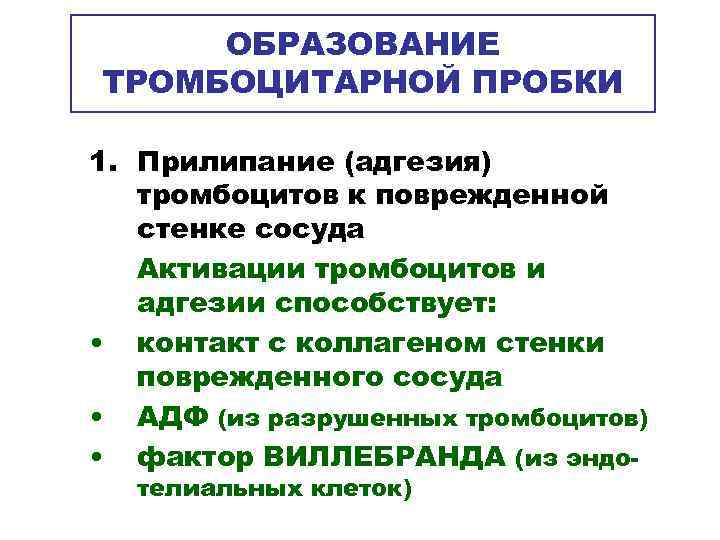  ОБРАЗОВАНИЕ ТРОМБОЦИТАРНОЙ ПРОБКИ 1. Прилипание (адгезия)  тромбоцитов к поврежденной  стенке сосуда