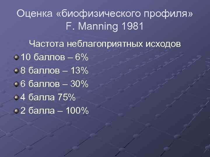 Оценка «биофизического профиля»  F. Manning 1981  Частота неблагоприятных исходов 10 баллов –