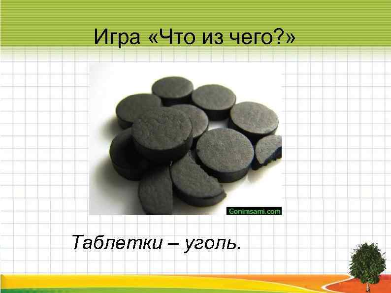  Игра «Что из чего? » Таблетки – уголь. 