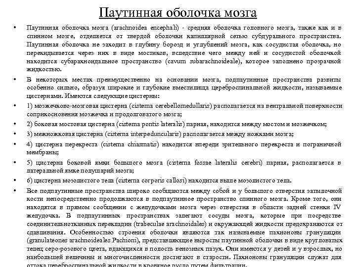      Паутинная оболочка мозга •  Паутинная оболочка мозга (arachnoidea