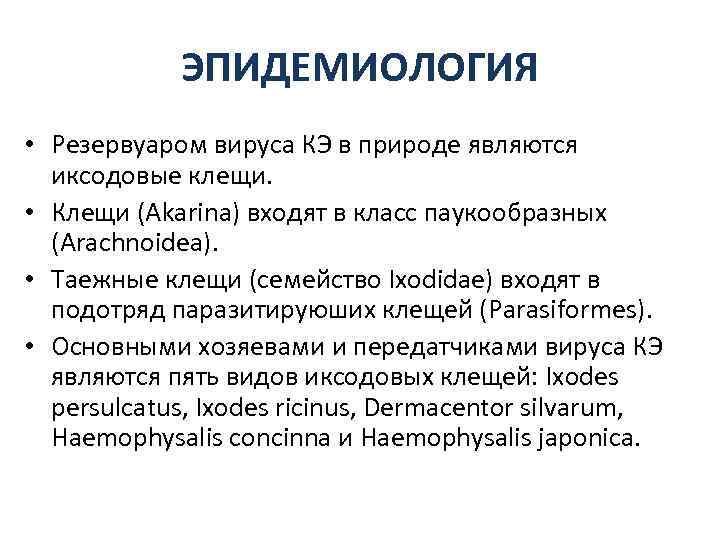   ЭПИДЕМИОЛОГИЯ  • Резервуаром вируса КЭ в природе являются  иксодовые клещи.