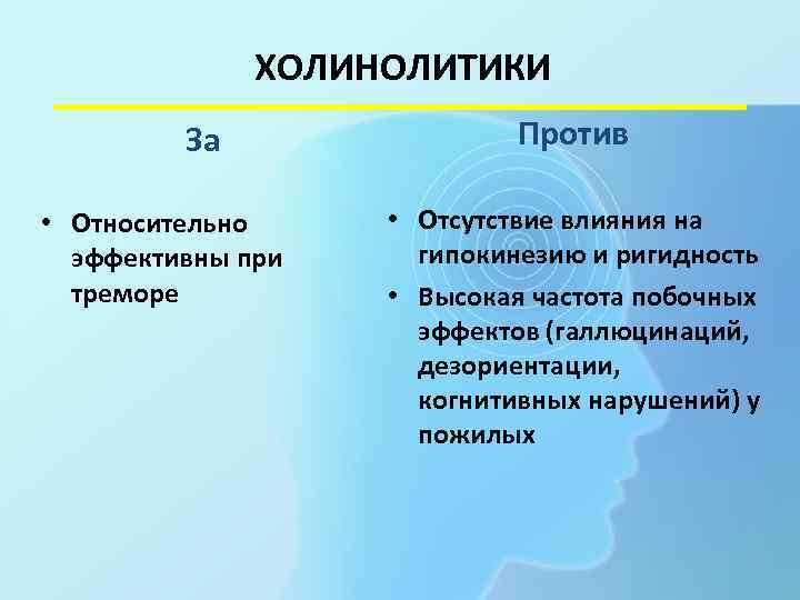    ХОЛИНОЛИТИКИ   За   Против  • Относительно •