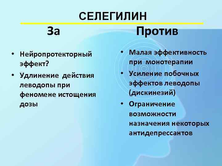     СЕЛЕГИЛИН   За    Против • Нейропротекторный