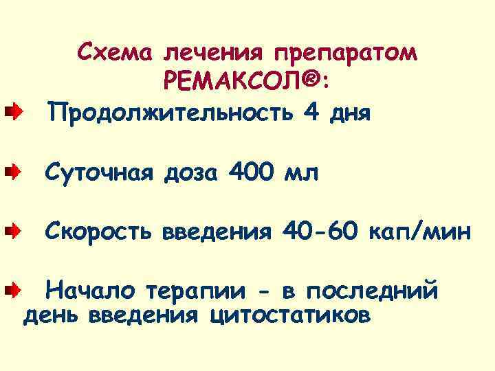   Схема лечения препаратом   РЕМАКСОЛ®:  Продолжительность 4 дня  Суточная