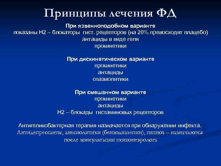    Принципы лечения ФД    При язвенноподобном варианте показаны Н