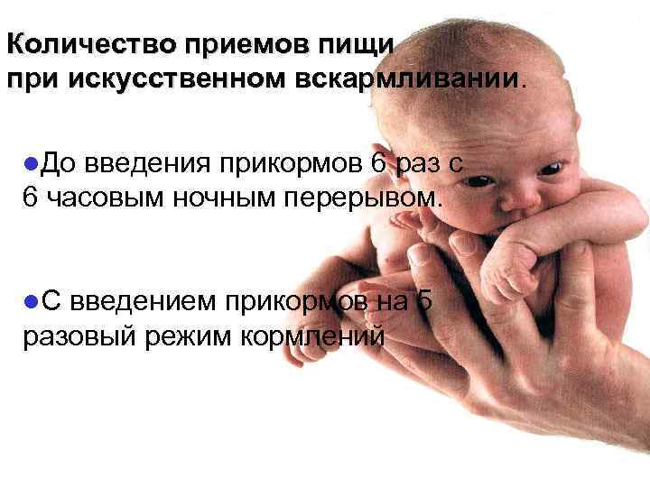 Количество приемов пищи при искусственном вскармливании.  l. До введения прикормов 6 раз с