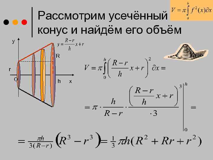   Рассмотрим усечённый   конус и найдём его объём y  
