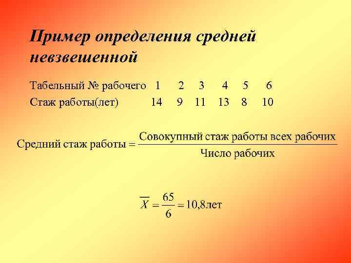Пример определения средней невзвешенной Табельный № рабочего  1 2 3 4 5 6