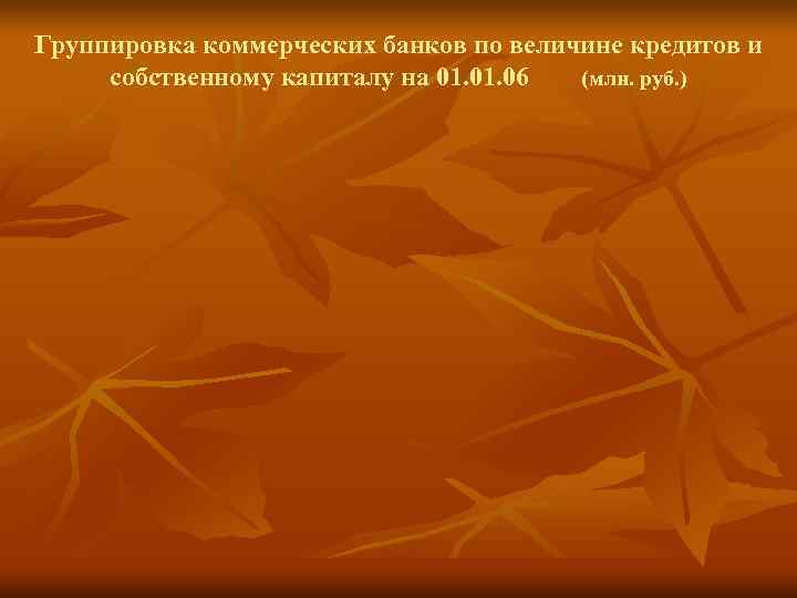 Группировка коммерческих банков по величине кредитов и собственному капиталу на 01. 06 (млн. руб.
