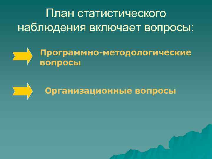   План статистического наблюдения включает вопросы: Программно-методологические вопросы  Организационные вопросы 
