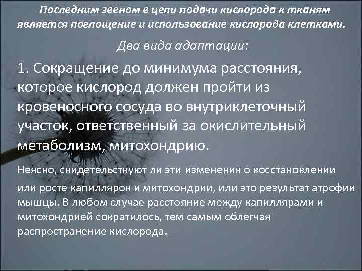  Последним звеном в цепи подачи кислорода к тканям является поглощение и использование