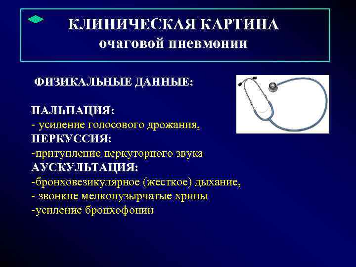        КЛИНИЧЕСКАЯ КАРТИНА   очаговой пневмонии 