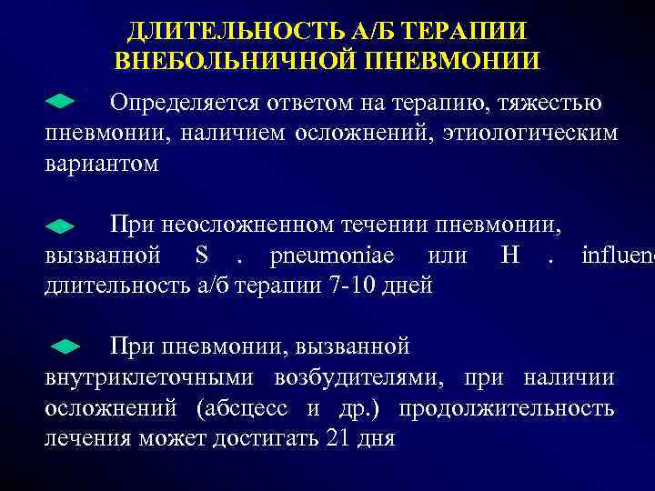  ДЛИТЕЛЬНОСТЬ А/Б ТЕРАПИИ  ВНЕБОЛЬНИЧНОЙ ПНЕВМОНИИ Определяется ответом на терапию, тяжестью пневмонии, 