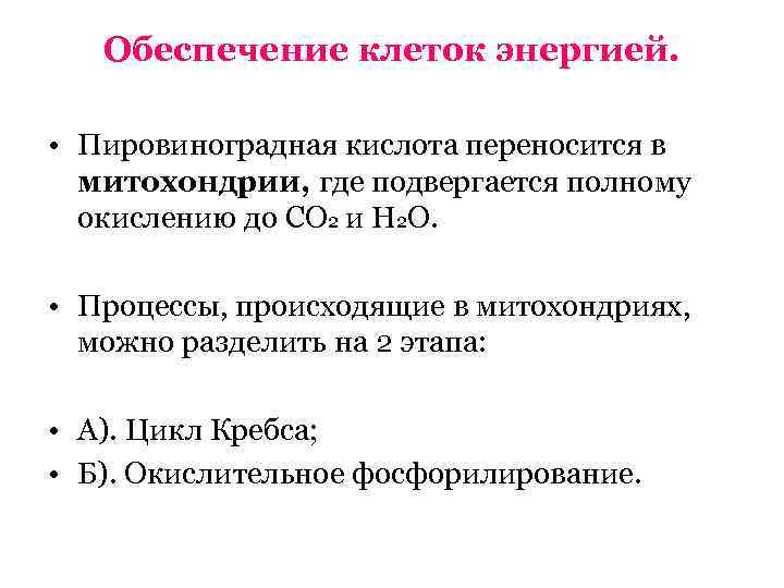   Обеспечение клеток энергией.  • Пировиноградная кислота переносится в  митохондрии, где