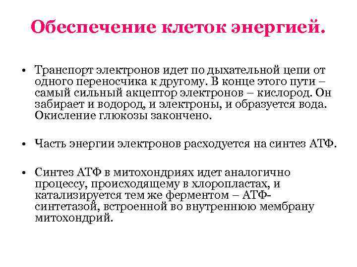  Обеспечение клеток энергией.  • Транспорт электронов идет по дыхательной цепи от 
