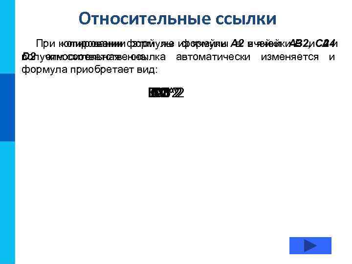    Относительные ссылки  При копировании формулы из ячейки А 2 в
