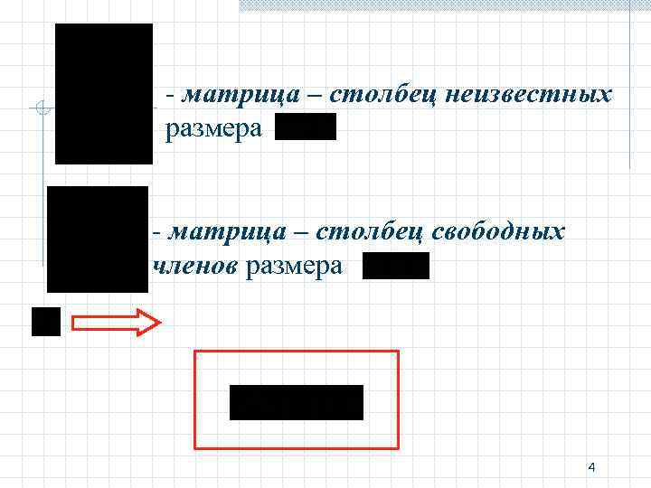 - матрица – столбец неизвестных размера - матрица – столбец свободных членов размера - матрица – столбец неизвестных размера - матрица – столбец свободных членов размера
