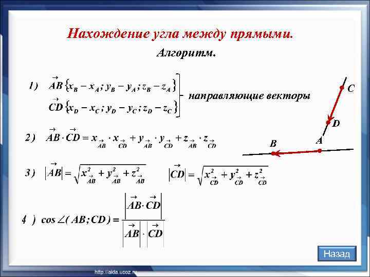 Нахождение угла между прямыми.   Алгоритм.     С  