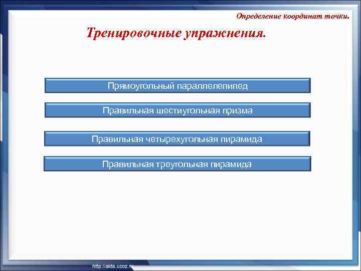      Определение координат точки.  Тренировочные упражнения.  Прямоугольный параллелепипед