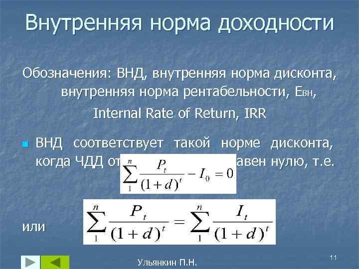 Внутренняя норма доходности Обозначения: ВНД, внутренняя норма дисконта,  внутренняя норма рентабельности, EВН, 
