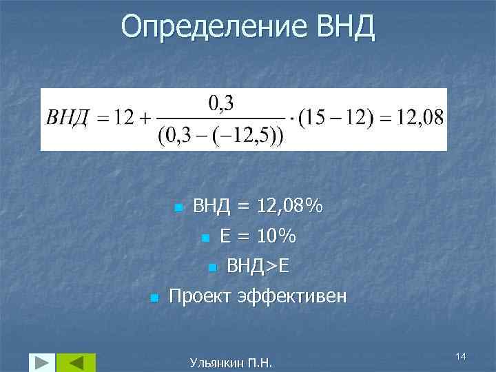 Определение ВНД   n  ВНД = 12, 08%  n  E