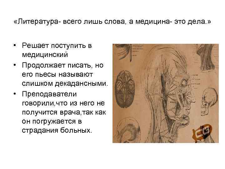«Литература- всего лишь слова, а медицина- это дела. » • Решает поступить в «Литература- всего лишь слова, а медицина- это дела. » • Решает поступить в