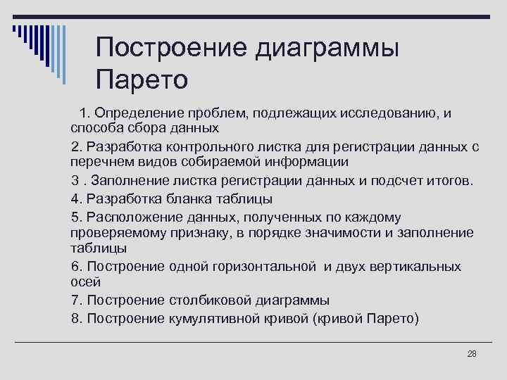   Построение диаграммы  Парето 1. Определение проблем, подлежащих исследованию, и способа сбора