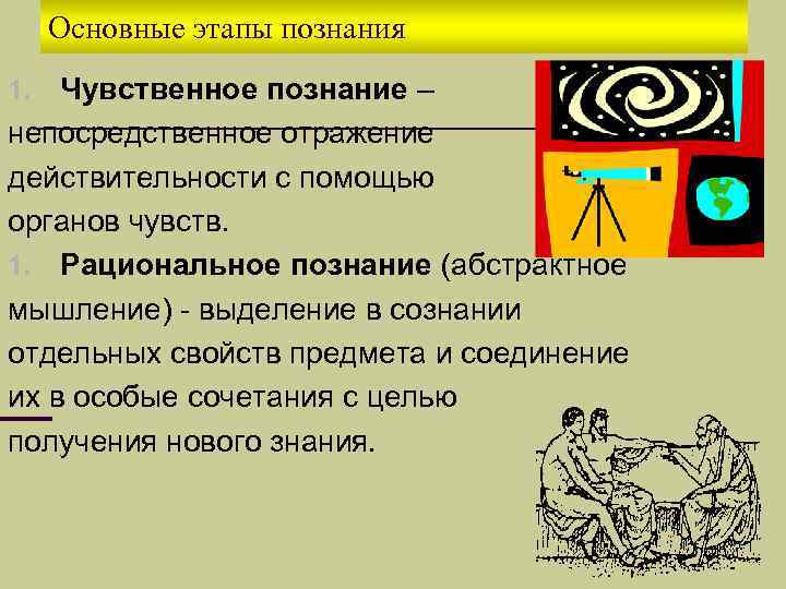  Основные этапы познания 1.  Чувственное познание – непосредственное отражение действительности с помощью