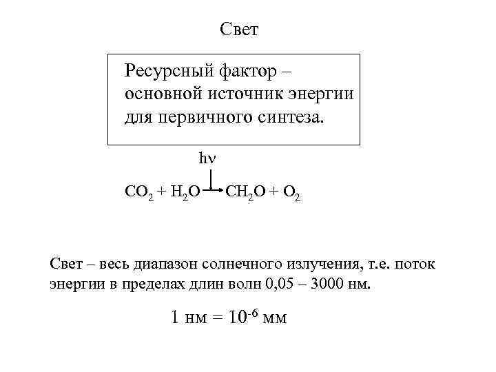      Свет  Ресурсный фактор –  основной источник энергии